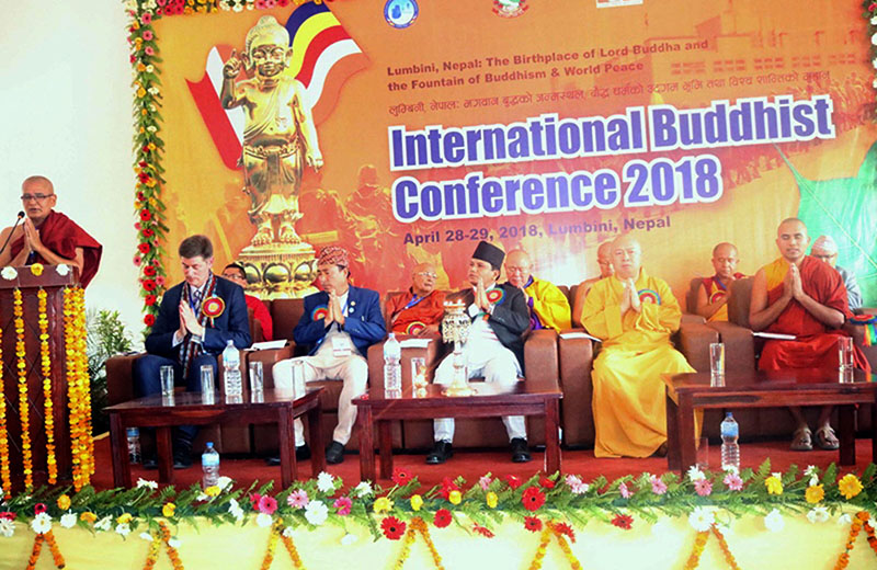 Minister for Culture, Tourism and Civil Aviation Rabindra Adhikari, along with special guests and Buddhist scholars from within and outside the country, attending the International Buddhist Conference in Lumbini, the birth place of Gautam Buddha, on Saturday, April 28, 2018. Photo: RSS