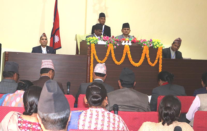 Karnali Province Governor Durga Keshar Khanal making the provincial governmentu2019s plans and policies public at a function in Surkhet, on Monday, April 23, 2018. Photo: THT