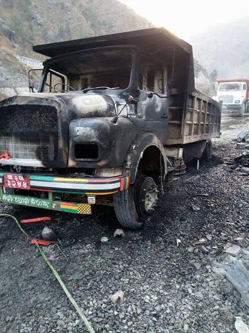 Remains of a truck torched by Nepal Communist Party in Namobuddha Municipality, Kavre, on Saturday. Photo: THT