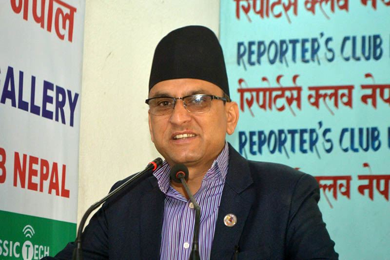 CPN-UML leader and Parliamentary Regulations Draft Committee coordinator Krishna Bhakta Pokhrel speaking at an interaction prgoramme in Kathmandu, on Tuesday, April 17, 2018. Courtesy: Reporters Club