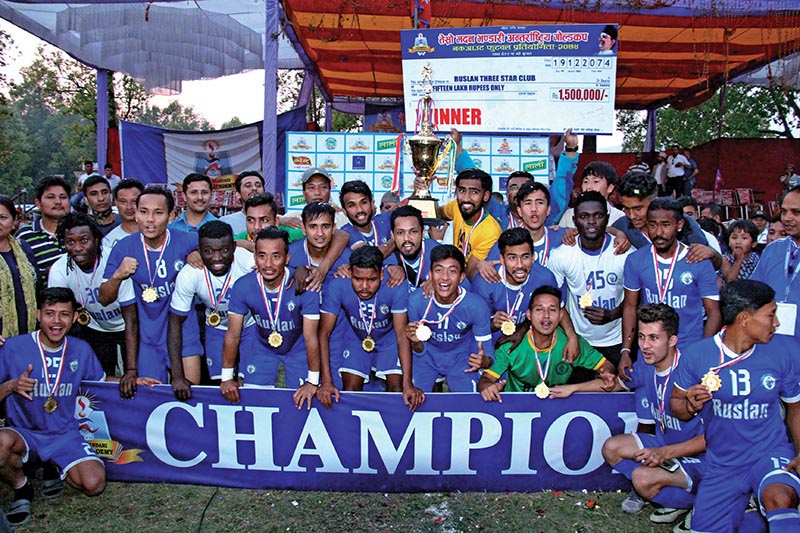 Ruslan Three Star Club team members celebrate after winning the third Madan Bhandari International Gold Cup in Butwal on Monday. Photo: THT