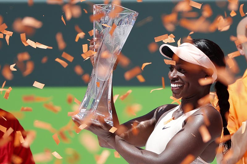 Sloane Stephens of the United States celebrates with the Butch Buchholz championship trophy after her match against Jelena Ostapenko of Latvia (not pictured) during the women's singles final of the Miami Open at Tennis Center at Crandon Park, in Key Biscayne, Florida, USA, on March 31, 2018. Photo: Geoff Burke-USA TODAY Sports via Reuters