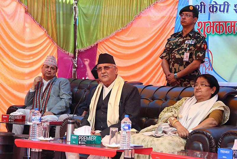 Prime Minister KP Sharma Oli along with his spouse Radhika Shakya and Minister for Defence Ishwor Pokhrel participates at a greetings exchange programme organised by Mid-Western University, in Birendranagar, Surkhet district, on Sunday, April 15, 2018. Photo: RSS