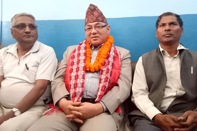 Minister for Home Affairs and CPN Maoist Centre Ram Bahadur Thapa speaking to mediapersons at Bharatpur Airport, in Chitwan district on Monday, April 2018. Photo: Tilak Ram Rimal/ THT