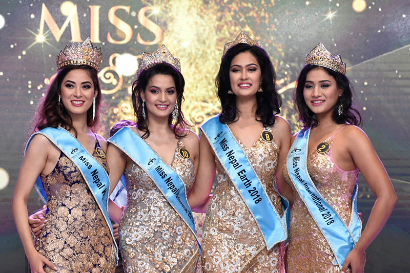 Miss Nepal World winner Shrinkhala Khatiwada (left) along with other title winners pose for a portrait during the grand finale of the beauty pageant held at Hotel Annapurna, Durbarmarg in Kathmandu, on April 11, 2018. Photo: Naresh Shrestha