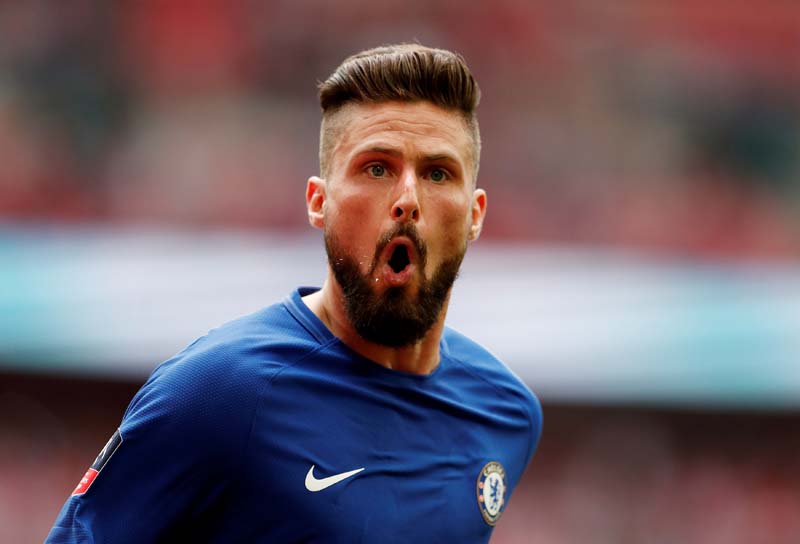 Chelsea's Olivier Giroud celebrates scoring the  first goal against Southampton during the FA Cup Semi final, at Wembley Stadium, in London, Britain, on April 22, 2018. Photo: REUTERS