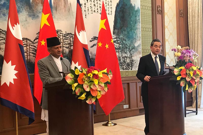 Minister for Foreign Affairs Pradeep Kumar Gyawali and his Chinese counterpart Wang Yi address the press conference after the bilateral meeting between the two ministers, in Beijing, China, on Wednesday, April 18, 2018. Photo: MofaNepal twitter