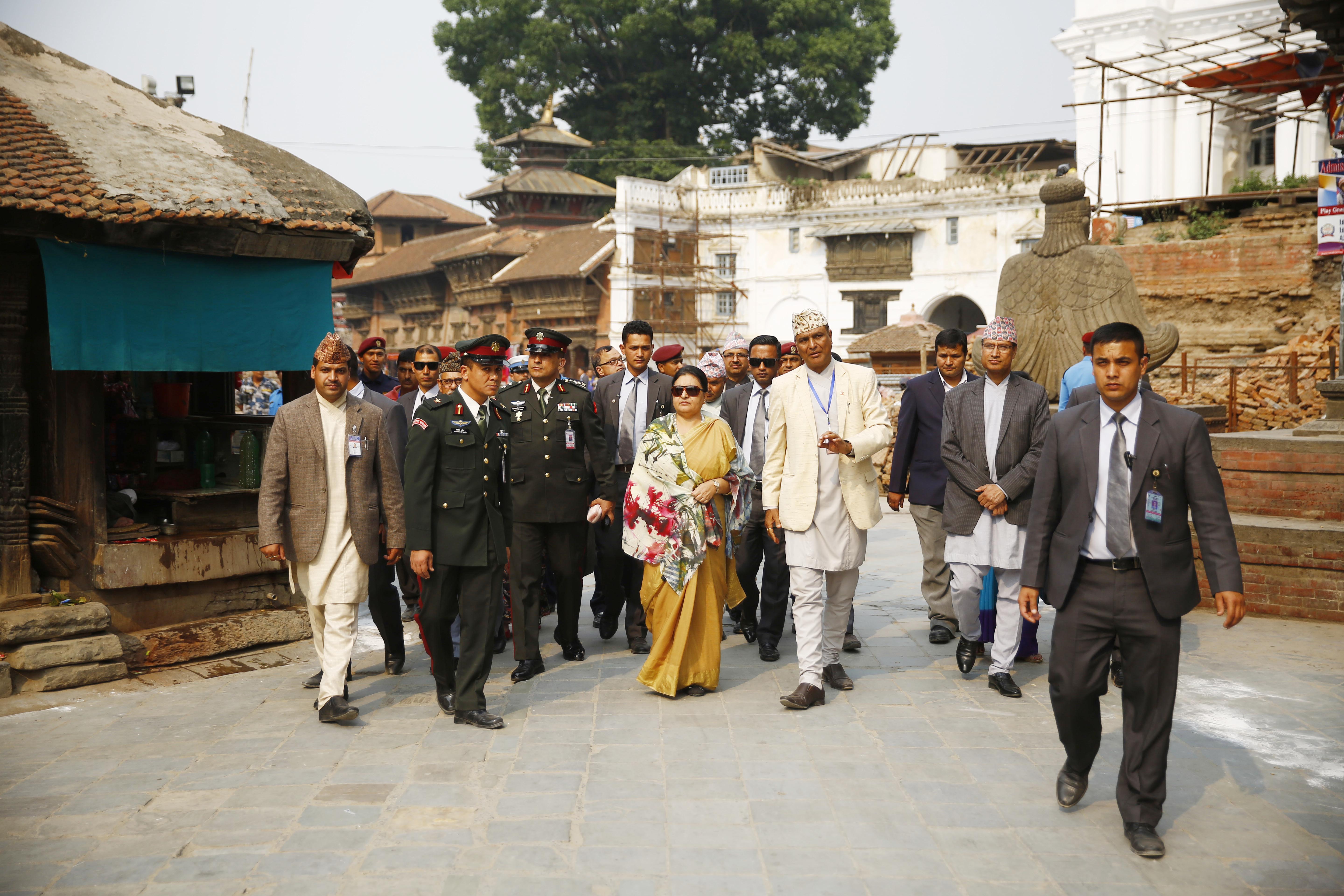 President Bidya Devi Bhandari visiting Basantapur Durbar Square to take stock of the progress on reconstruction of quake-damaged heritage monuments, in Kathmandu, on Wednesday, April 25, 2018. Photo: Skanda Gautam/THT