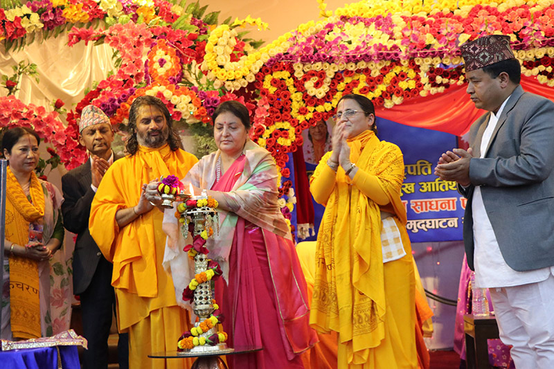 President Bidya Devi Bhandari inaugurating a three-day spiritual practice and national practitioners' gathering organised at Shyama Shyam Dham, in Madhyapur Thimi, on Saturday, April 14, 2018. Photo: RSS