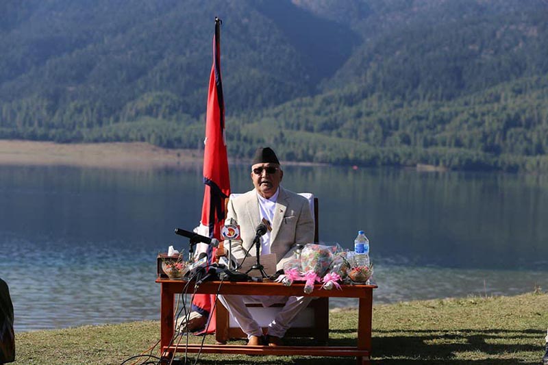 Prime Minister KP Sharma Oli addressing the nation on the occasion of Nepali New Year 2075 from the banks of Rara Lake in Mugu, on Saturday. Photo: THT