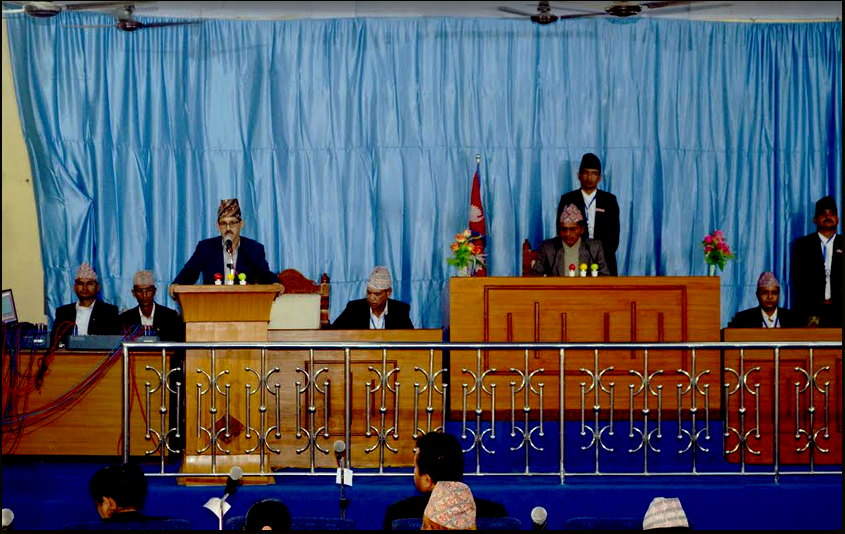 Province 7 Chief Minister Trilochan Bhatta Addressing the provincial assembly on Monday, April 16, 2018. Photo: Tekendra Deuba