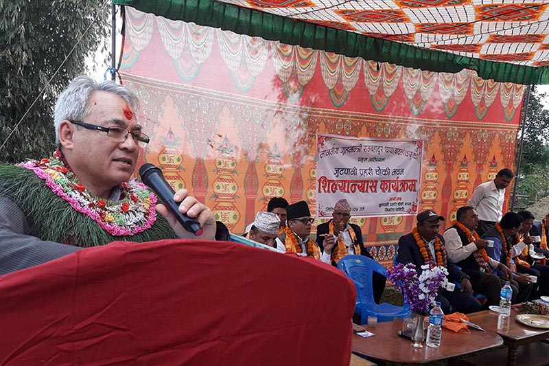 Minister for Home Affairs Ram Bahadur Thapa addresses a programme organised to lay the foundation stone for construction of a police station in Jutpani area of Kalika Municipality in Chitwan, on Wednesday, April 18, 2018. Photo: RSSMinister for Home Affairs Ram Bahadur Thapa addresses a programme organised to lay the foundation stone for construction of a police station in Jutpani area of Kalika Municipality in Chitwan, on Wednesday, April 18, 2018. Photo: RSS