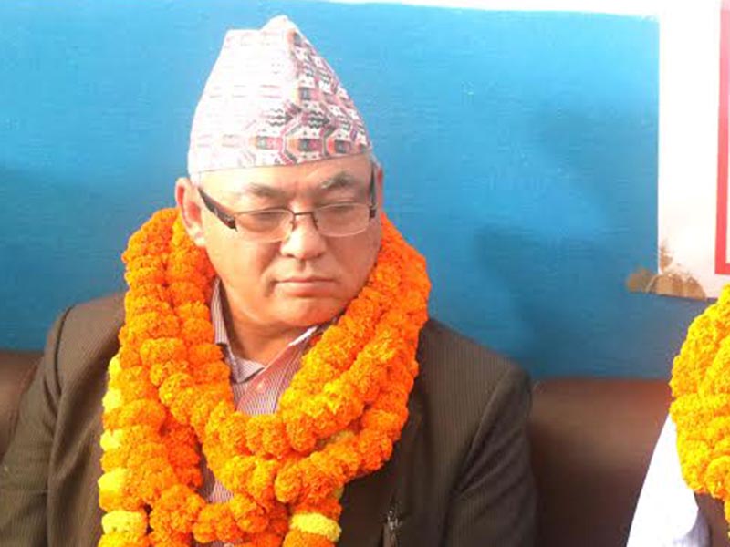 Minister For Home affairs Ram Bahadur Thapa participates in a press meet organised by Press Centre Chitwan, in Bharatpur Airport, on Wednesday, April 18, 2018. Photo: THT