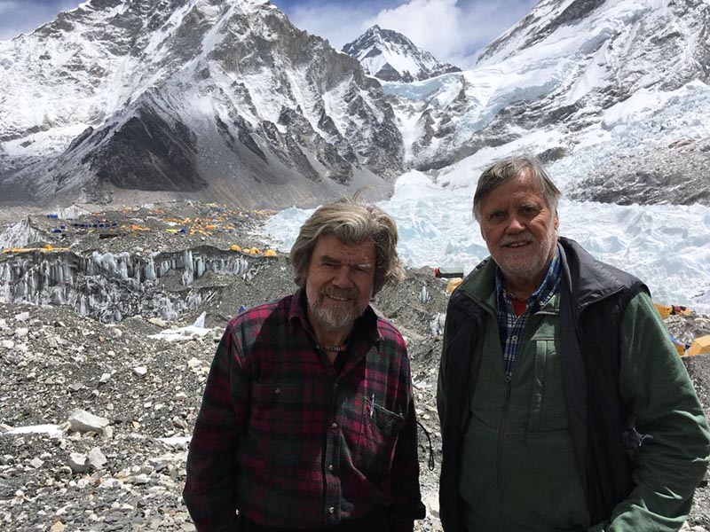 Reinhold Messner(left) and Wolfgang Nairz, at Everest Base Camp, on Monday, April 16, 2018. The duo, members of renowned mountaineers' team that climbed Mt Everest in 1978 historic summit.  Photo: Rajan Pokhrel/THT