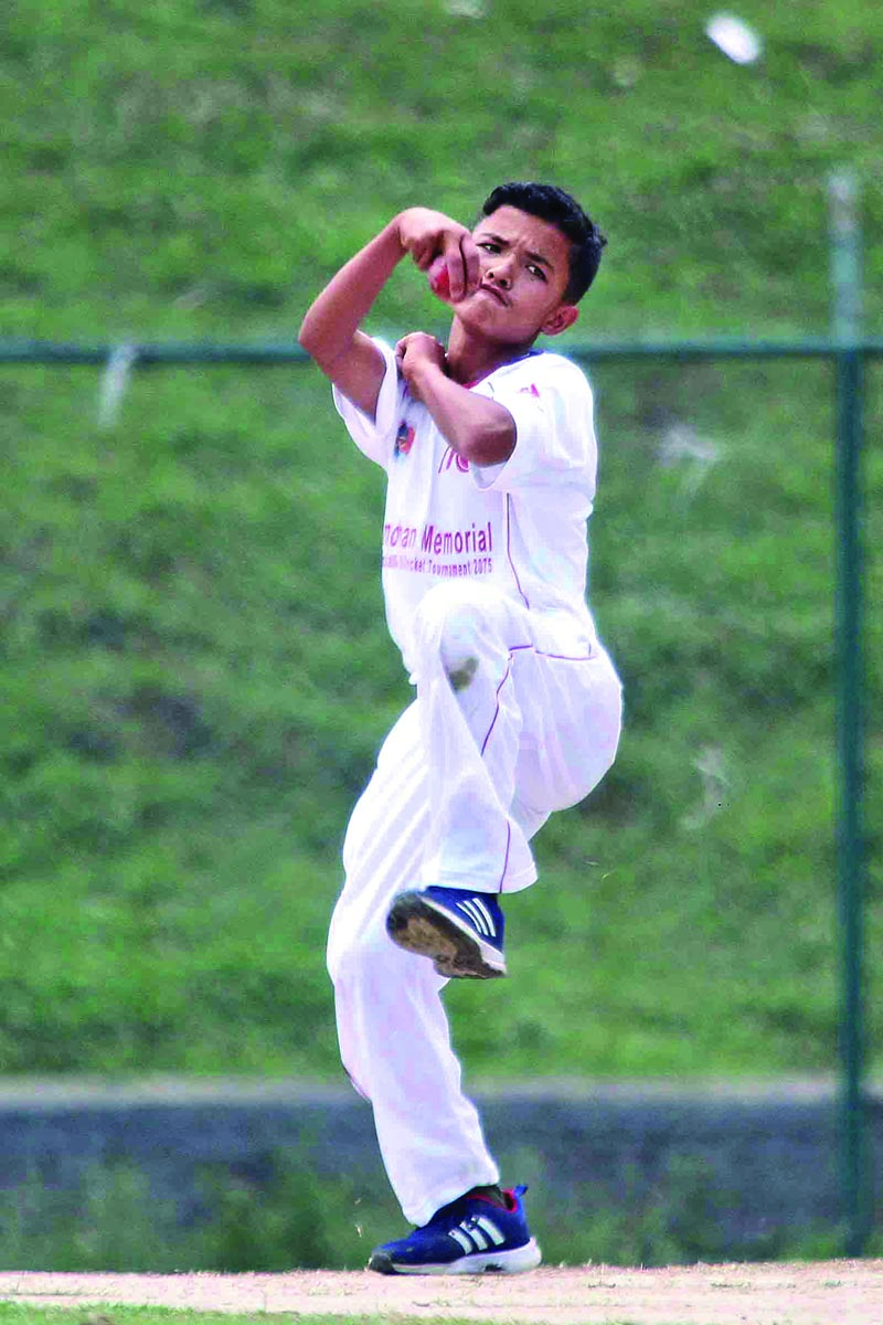 Suraj Budathoki of Karnali Province bowls against Province No.3 during Manmohan Memorial U-16 National Cricket Tournament at the TU Stadium in Kathmandu on Saturday, April 28, 2018. Photo: THT