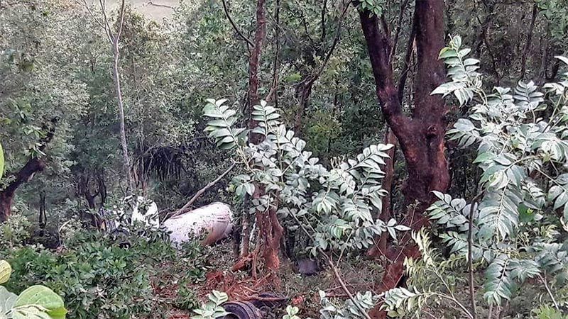 An image of gas bullet that plunged 50 metres below the road in Kamalwari of Byas Municipality-12 in Tanahun district on Wednesday, April 25, 2018. Photo: Madan Wagle