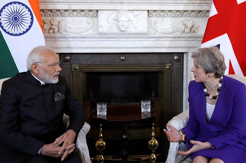 Britain's Prime Minister Theresa May holds a bilateral meeting with Narendra Modi, the Prime Minister of India, at 10 Downing Street in London, April 18, 2018. Photo: AP
