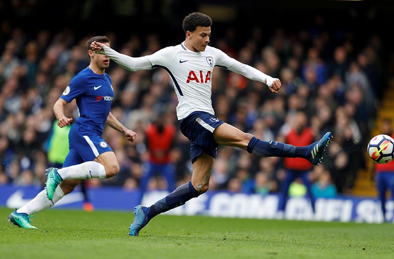 Tottenham's Dele Alli scores their second goal during the English Premier League match between Chelsea and Tottenham Hotspur, at Stamford Bridge, in London, Britain, in April 1, 2018. Photo: Reuters