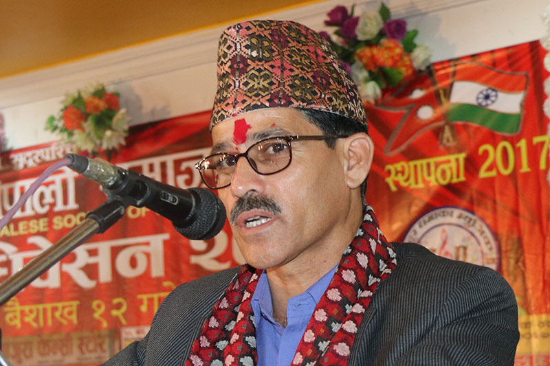 Province 7 Chief Minister Trilochan Bhatta addresses a programme after inaguarting first General Convention of Farwestern Nepali Society--India in Dhangadhi, on Wednesday, April 25, 2018. Photo: RSS