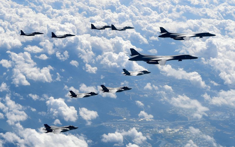 File - In this photo provided by South Korea Defense Ministry, US Air Force B-1B bombers, F-35B stealth fighter jets and South Korean F-15K fighter jets fly over the Korean Peninsula during a joint drills, in South Korea on Sept. 18, 2017. Photo: AP