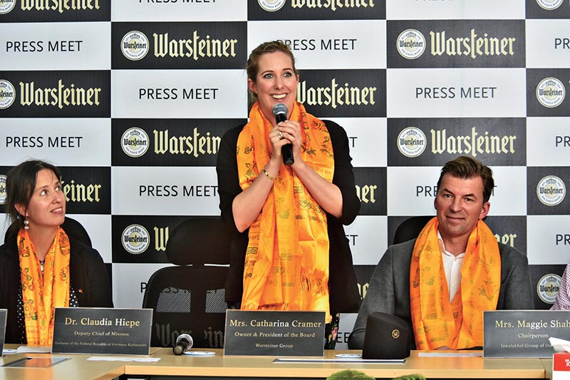 Catharina Cramer, Owner and president of board of Warsteiner Group, addressing the launch ceremony of Warsteiner Beer, in Hakui, Nawalparasi, on Wednesday. Photo: Naresh Shrestha/ THT