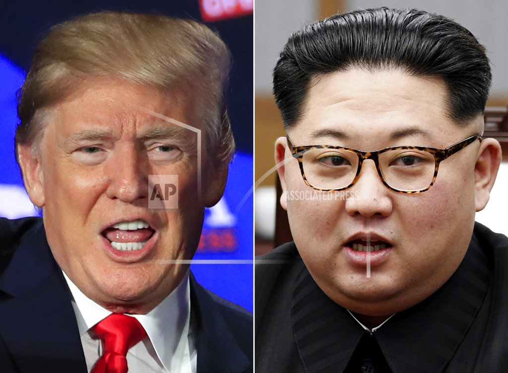 FILE - This combination of two file photos shows U.S. President Donald Trump, left, speaking during a roundtable discussion on tax cuts in Cleveland, Ohio, May 5, 2018 and North Korean leader Kim Jong Un, right, talking with South Korean President Moon Jae-in in Panmunjom, South Korea, April 27, 2018. U.S. Secretary of State Mike Pompeo arrived in North Korea on Wednesday, May 9, 2018, to finalize details of a planned summit between President Donald Trump and North Korea leader Kim Jong Un. (AP Photo/Manuel Balce Ceneta, Korea Summit Press Pool via AP, File)