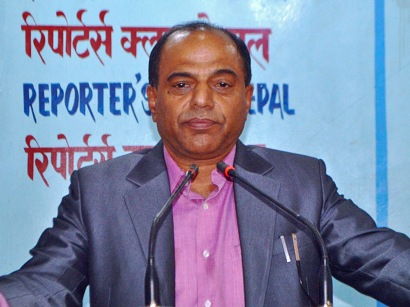 Minister for Agriculture, Land Management and Cooperatives Chakrapani Khanal speaking at an interaction programme in Kathmandu, on Tuesday, May 15, 2018. Courtesy: Reporters Club