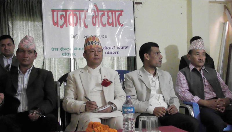 Chief Minister Sherdhan Rai of Province 1 attending a press meet organised in Phidim, Panchthar, on Monday, May 7, 2018. Photo: THT