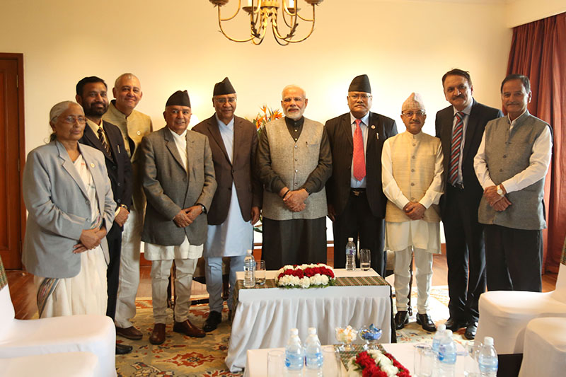 Nepali Congress President and former Prime Minister Sher Bahadur Deuba, along with NC senior leader Ram Chandra Poudel and other high level officials, meeting Indian Prime Minister Modi, at Hyatt Regency, in Kathmandu, on Saturday, May 12, 2018. Photo: RSS