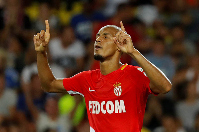 Monacou2019s Fabinho celebrates scoring their sixth goal from the penalty spot. Photo: Reuters