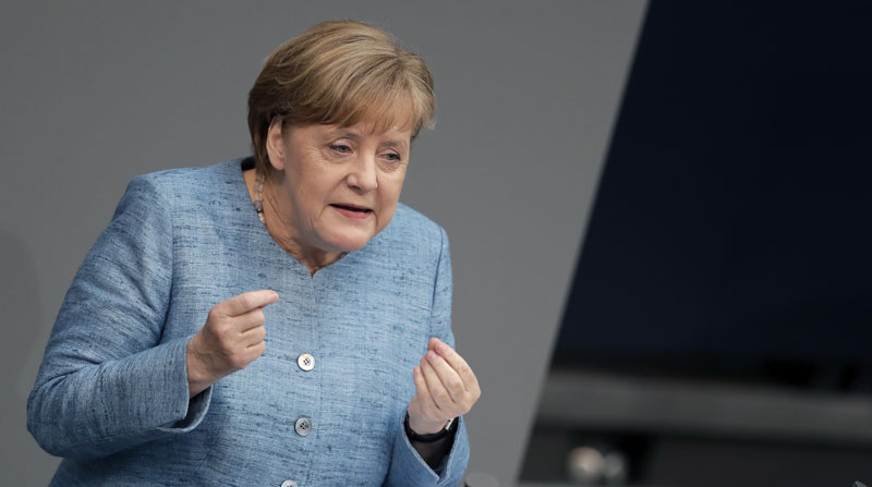 German Chancellor Angela Merkel, delivers a speech during a meeting of the German federal parliament, Bundestag, at the Reichstag building in Berlin, Germany, on Wednesday, May 16, 2018. Photo: Associated Press