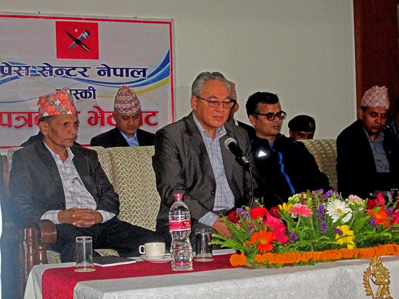 Home Minister Ram Bahadur Thapa speaking during the press meet organised at Pokhara, in Kaski district on Monday, May 14, 2018. Photo: Rishi Ram Baral