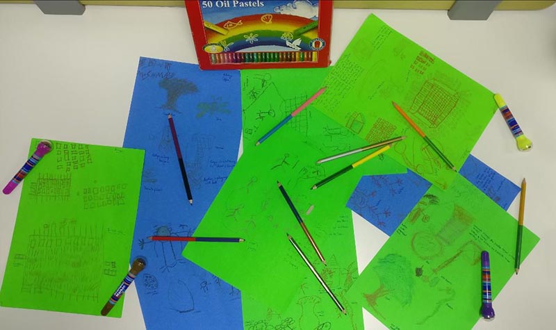 Drawings by children rescued from bonded labour displayed in Chennai, India, on May 14, 2018. Photo: Thomson Reuters Foundation