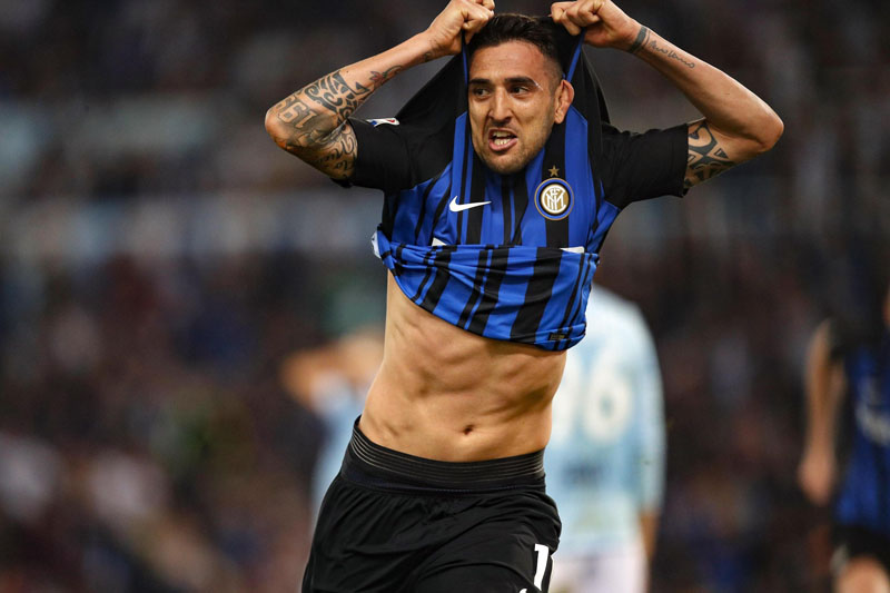 Inter's Matias Vecino celebrates after scoring his side's 3rd goal, during the Serie A match between Lazio and Inter Milan at the Rome Olympic Stadium, Rome, Italy, on Sunday, May 20, 2018. Photo: Associated Press