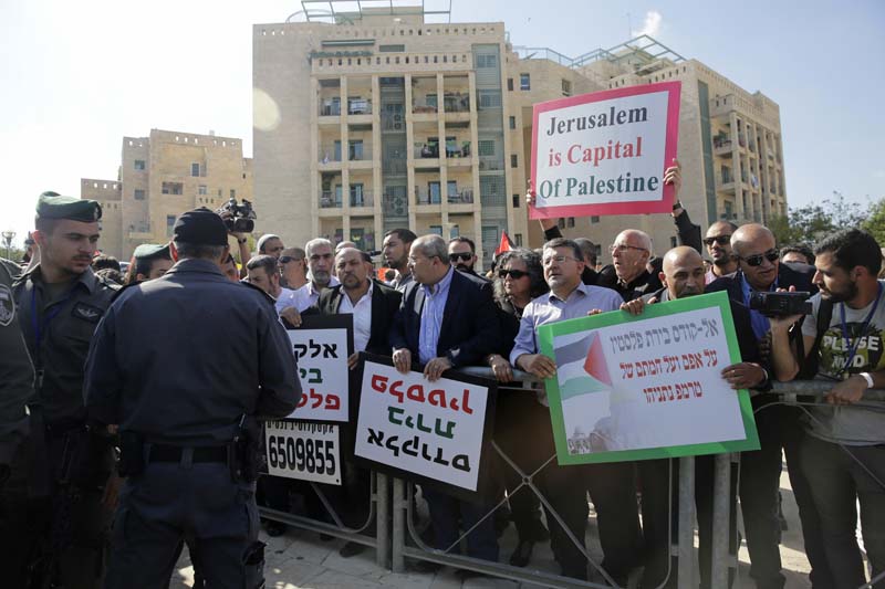 Israeli Arab Knesset members and left wing activists participate in protest against the opening of the new US embassy in Jerusalem, on Monday, May 14, 2018. Photo: Associated Press