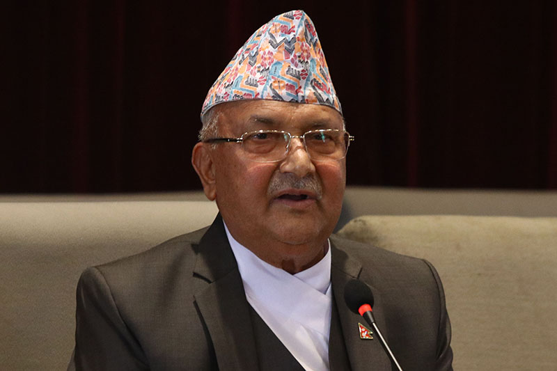 Prime Minister KP Sharma Oli addressing Nepal Communist Party Parliamentary Party meeting at Federal Parliament building in New Baneshwor, Kathmandu, on Saturday, May 19, 2018. Photo: RSS