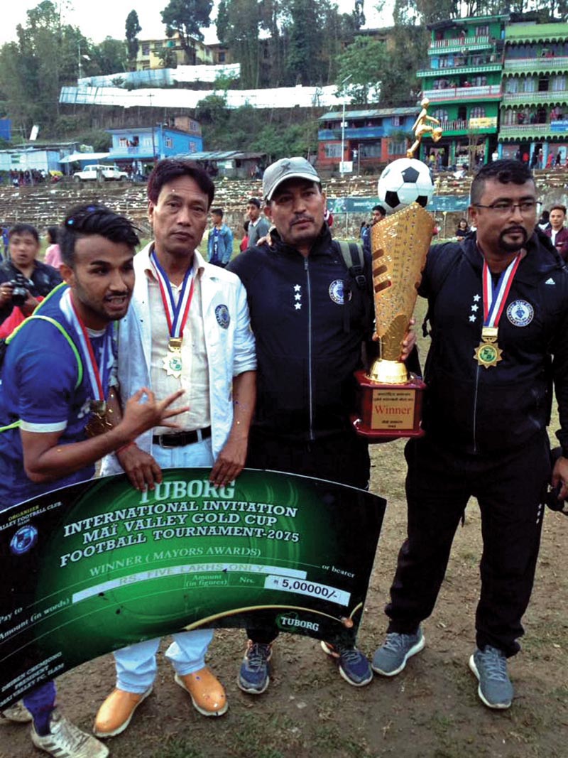 Three Star Club team members celebrate after winning the fourth Mai Valley Gold Cup in Ilam on Monday. THT