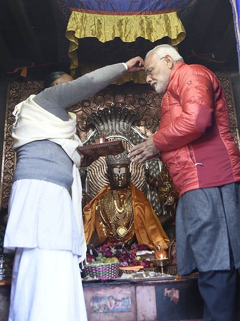 Prime Minister of India Narendra Modi offering prayers and receiving blessings at Muktinath Temple, in Mustang, on Saturday, May 12, 2018. Photo: Indian PM Modi/Twitter