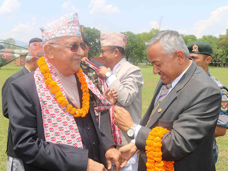 Prime Minister KP Sharma Oli in Bharatpur to attend the first convocation ceremony of the Agriculture and Forestry University, in Chitwan, on Friday, May 4, 2018. Photo: RSS