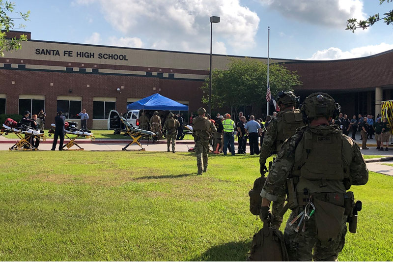 Law enforcement officers are responding to Santa Fe High School following a shooting incident in this Harris County Sheriff office, Santa Fe, Texas, U.S., photo released on May 18, 2018.   Courtesy HCSO/Handout via REUTERS   ATTENTION EDITORS - THIS IMAGE HAS BEEN SUPPLIED BY A THIRD PARTY.