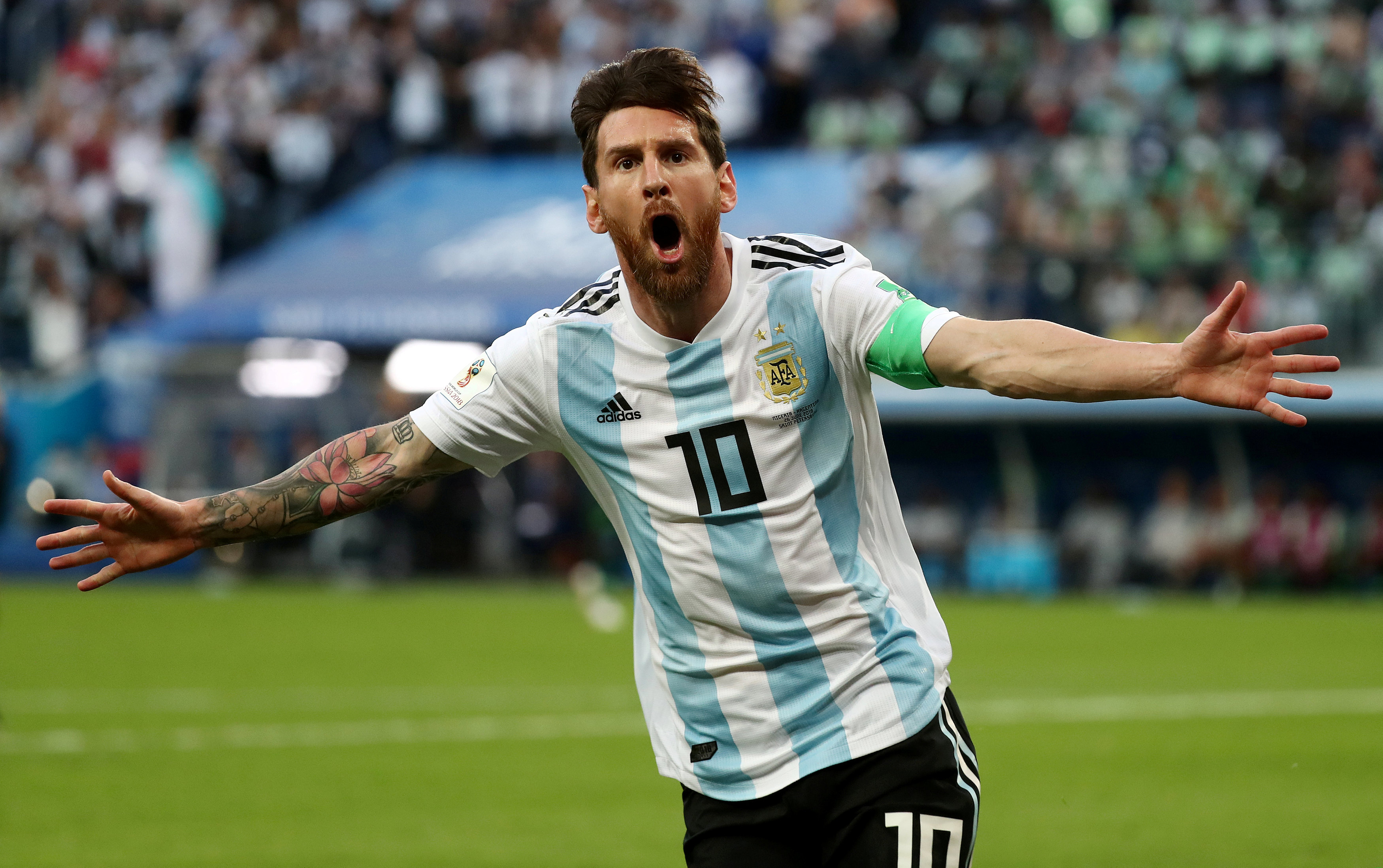 Argentina's Lionel Messi celebrates scoring their first goal against Nigeria in a group stage fixture of world cup 2018. Photo:        REUTERS
