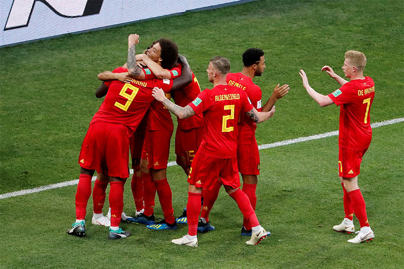 Belgium's Romelu Lukaku celebrates with team mates after scoring their third goal. Photo: Reuters