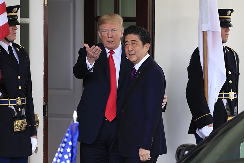 President Donald Trump welcomes Japanese Prime Minister Shinzo Abe to the White House in Washington, on Thursday, June 7, 2018. Photo: AP