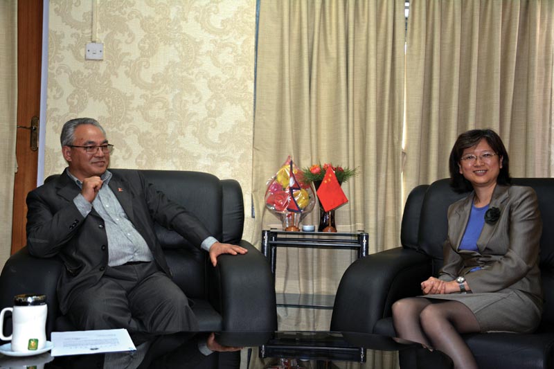 Home Minister Ram Bahadur Thapa holding a meeting with Chinese Ambassador Yu Hong at the Ministry of Home Affairs, in Kathmandu, on Tuesday, June 5, 2018. Photo: THT