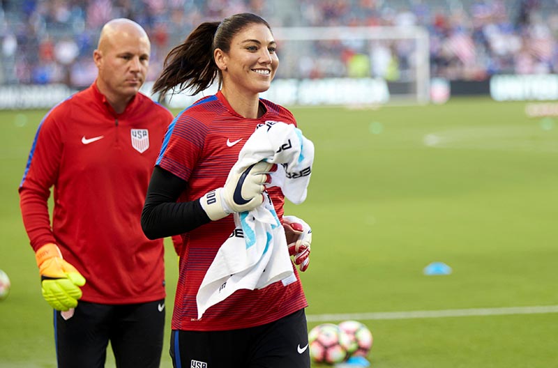 US women's Olympic soccer team goalkeeper Hope Solo (1) warms up before the USA vs Costa Rica friendly at Children's Mercy Park, in Kansas City, KS, USA, on Jul 22, 2016. Photo: Gary Rohman/MLS/USA TODAY Sports via Reuters/ File