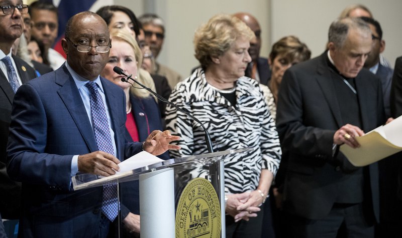 Houston Mayor Sylvester Turner speaks during a news conference opposing a proposal to place immigrant children separated from their parents at the border in a facility just east of downtown, on  Tuesday, June 19, 2018, in Houston. Photo: APn