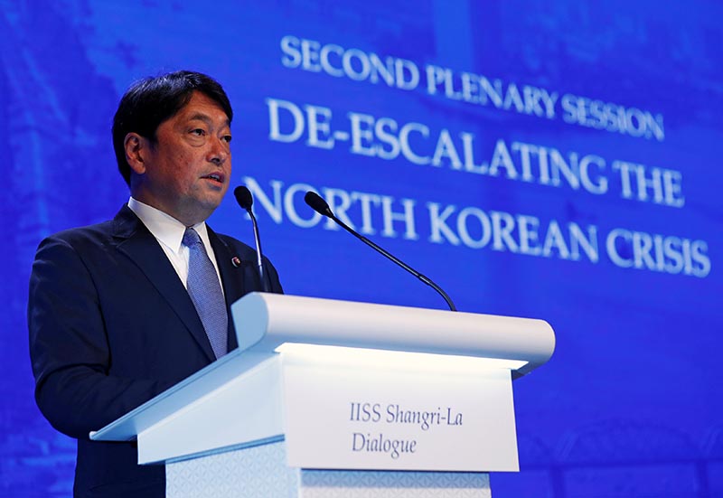 Japan's Defence Minister Itsunori Onodera speaks at the IISS Shangri-la Dialogue in Singapore, on Saturday, June 2, 2018. Photo: Reuters