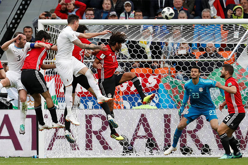 Uruguay's Jose Gimenez scores their first goal. Photo: Reuters