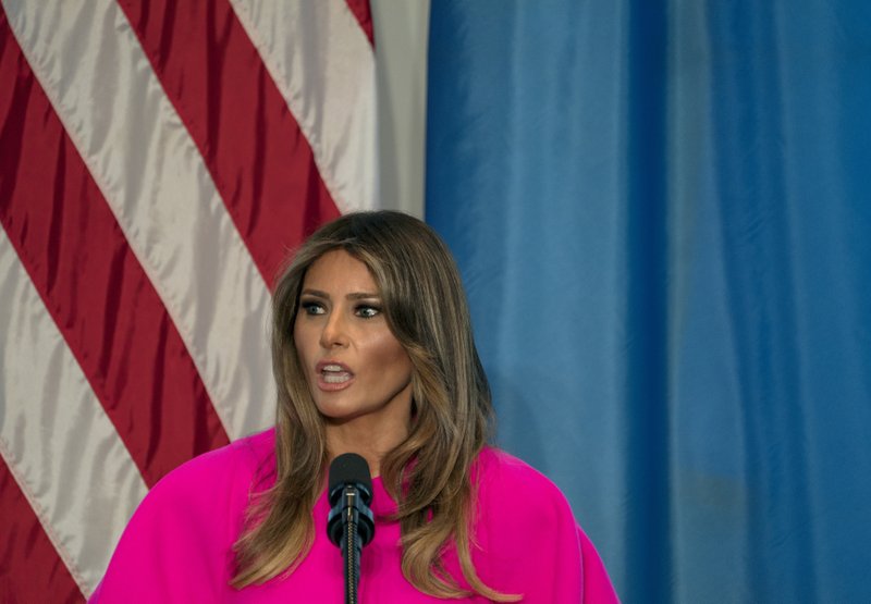 File - In this photo, first lady Melania Trump addresses a luncheon at the U.S. Mission to the United Nations in New York on  Sept. 20, 2017. Photo: AP