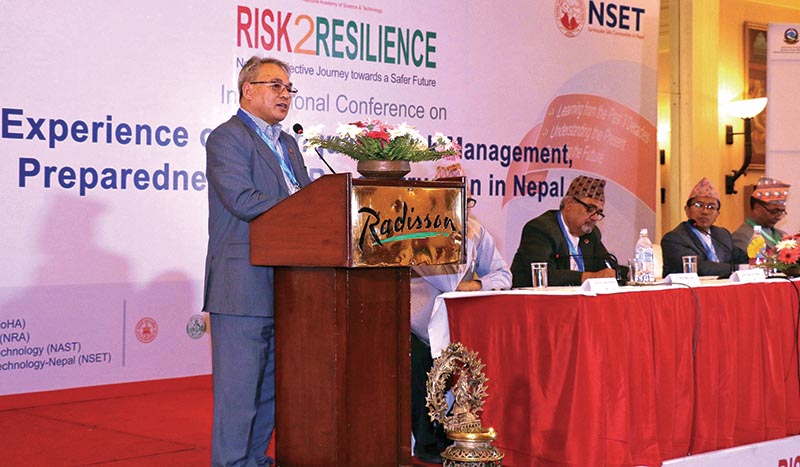 Minister Ram Bahadur Thapa addressing the Conference on Earthquake Risk  Management, in Kathmandu,  on Monday, June 18, 2018. Photo: THT